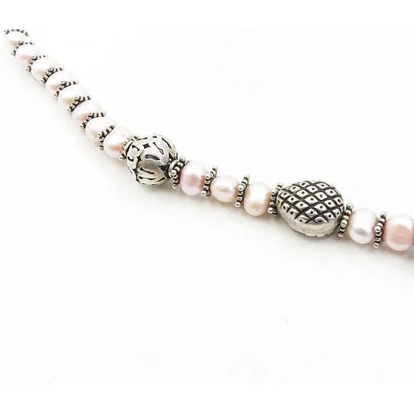 925 Sterling Silver Vintage Pearls Agate & Amethyst Chain Necklace NE1655